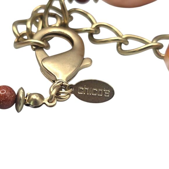 Chico's Statement Necklace Long Tassel Pendant Gold Tone Mixed Bead Peach Coral - Picture 12 of 12